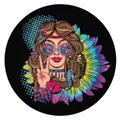Hippie woman with peace sign, sunglasses, and tie-dye sunflower, black background.