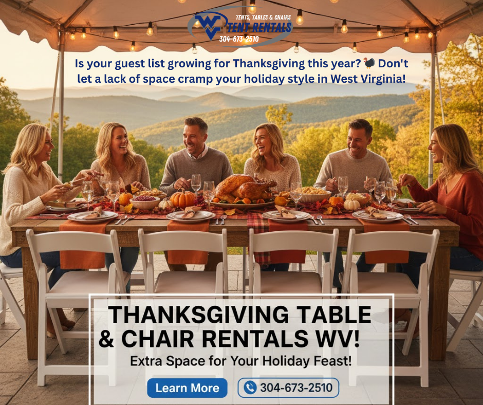 A cozy setup with bistro lights, autumn centerpieces, and heaters keeping guests warm.