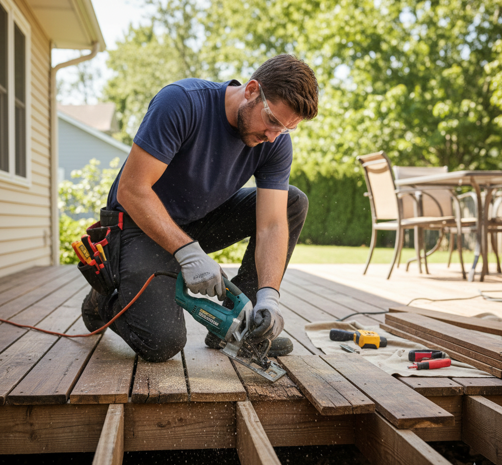 Man kneeling on deck, using a power saw to cut wood. Wearing safety glasses and work gloves, tools nearby.