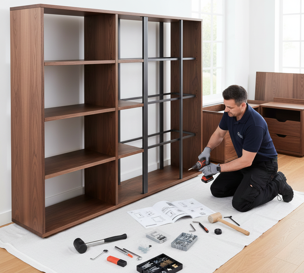 A man assembles a wooden bookshelf. He kneels on a white sheet, using a drill. Tools and instructions are visible.