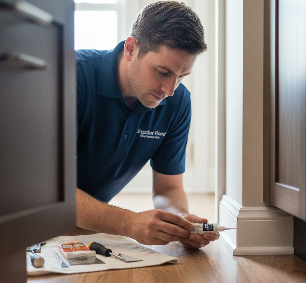 Man in blue shirt applying sealant near cabinet baseboard.