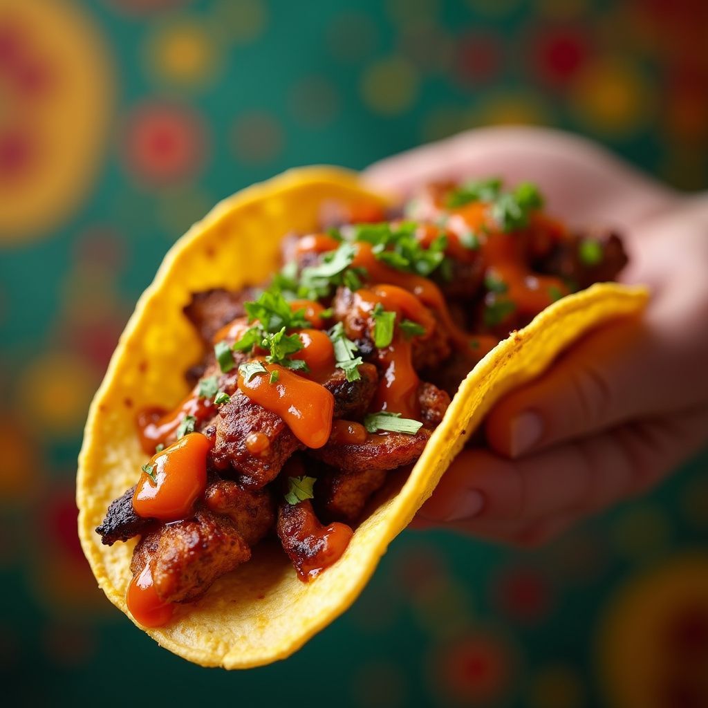 Hand holding a taco filled with meat, sauce, and herbs.