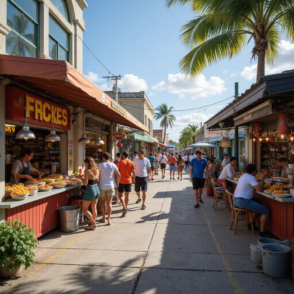 A bustling street market scene with vendors, shoppers, and palm trees under a sunny sky.
