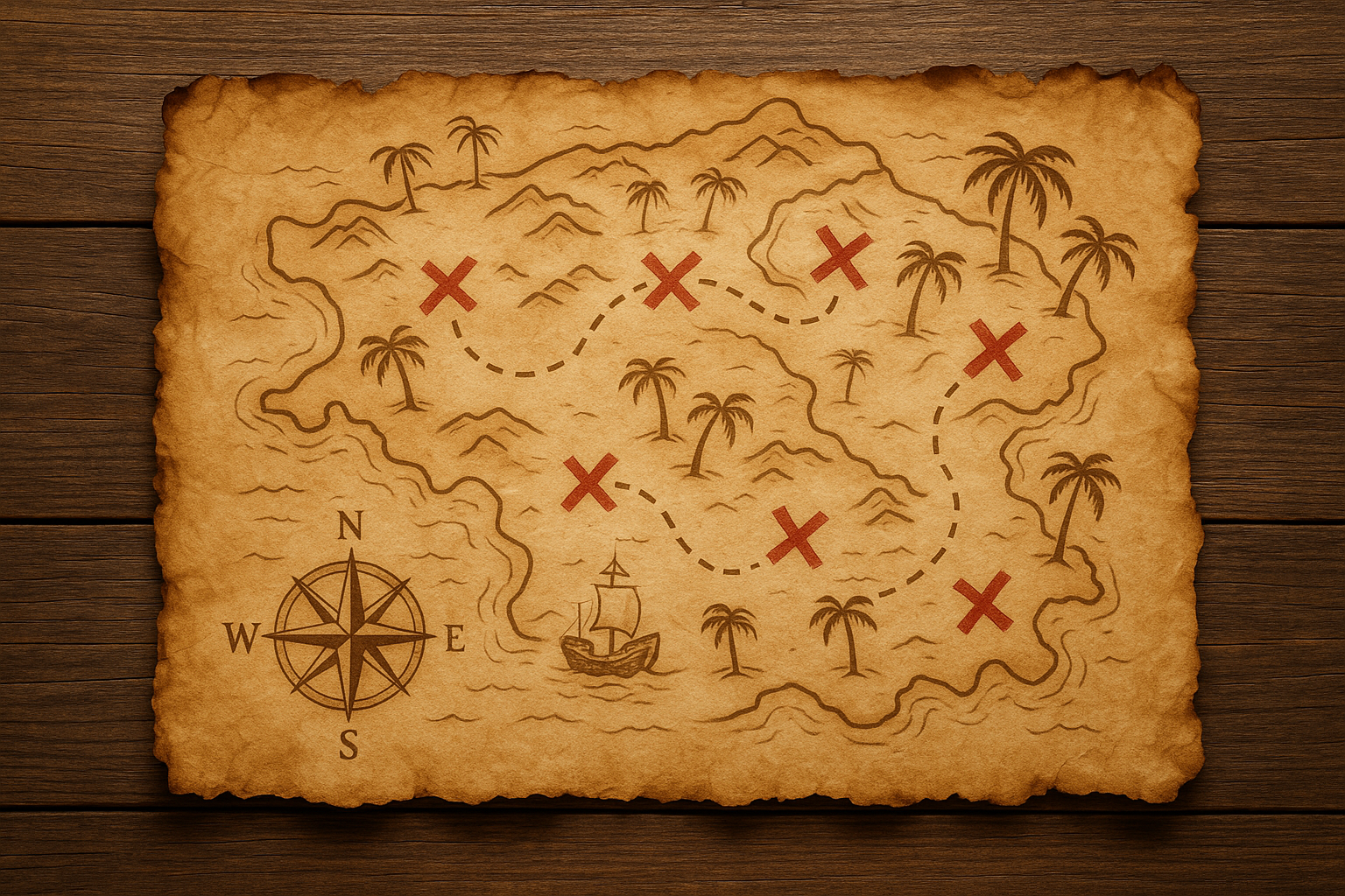 Treasure map on aged parchment with red X's, a compass, and a ship, set on a wooden surface.