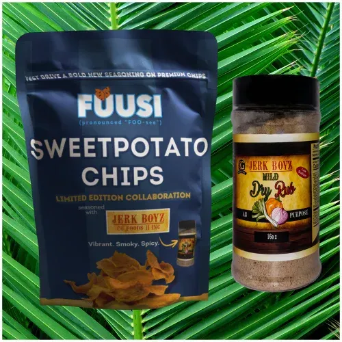 Bag of sweet potato chips and jar of dry rub seasoning on a palm leaf background.