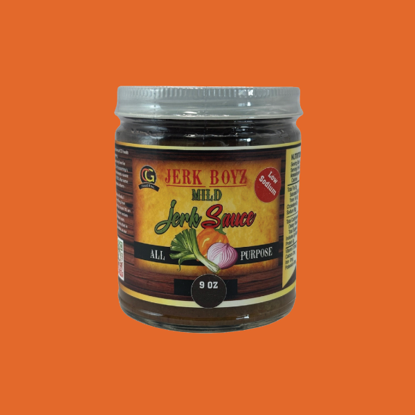 Jar of Jerk Boyz Mild Jerk Sauce against an orange background.