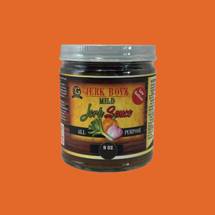 Jar of Jerk Boyz Original Jerk Sauce with a brown label, and orange background.