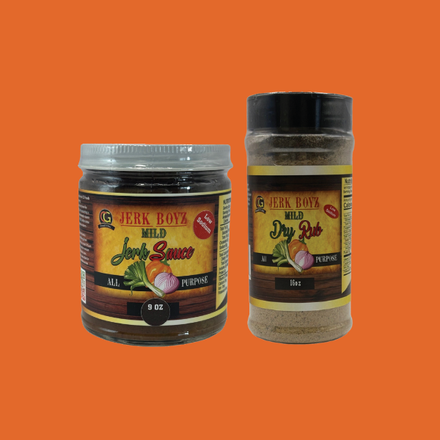 Jerk Boy jerk sauce and dry rub on orange background. Sauce in jar, rub in shaker, both labeled 