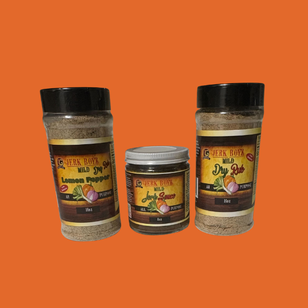 Three spice jars on an orange background. Two large jars of dry rub flank a small jar of jerk sauce.
