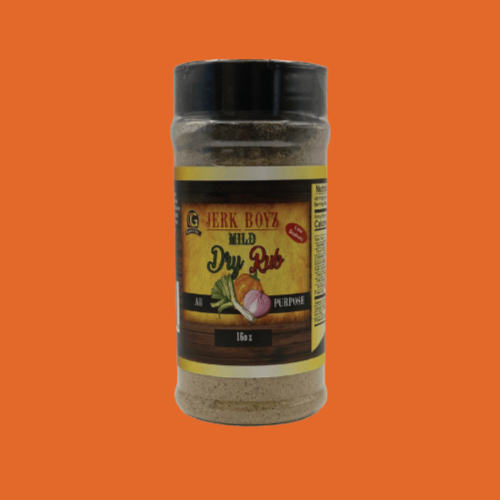 Jerk Boyz Original Jerk Rub spice jar on orange background.