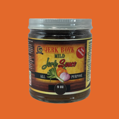 Jar of Jerk Boyz Original Jerk Sauce with a brown label, and orange background.