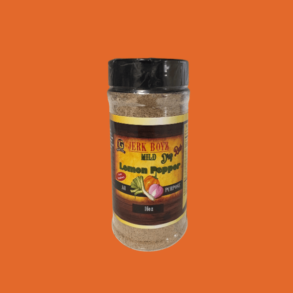 Bottle of Jerk Boy Lemon Pepper on an orange background.