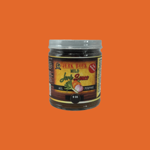 Jar of Jerk Boyz Original Jerk Sauce with a brown label, and orange background.