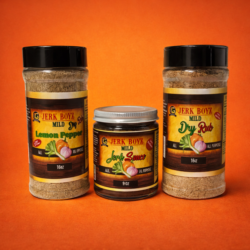 Three jars of Jerk Boy seasonings against an orange backdrop; Lemon Pepper, Jerk Sauce, Dry Rub.
