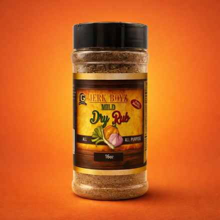 Spice jar of Jerk Boyz Mild Dry Rub on orange background.