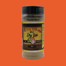 Jar of Jerk Boyz Original Jerk Rub with a brown label, and orange background.