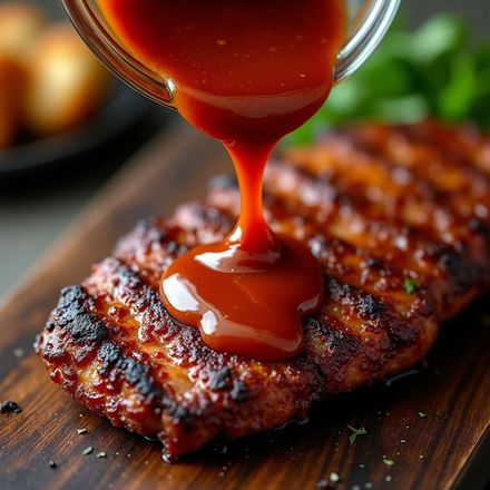 Grilled pork chop being drizzled with red sauce.