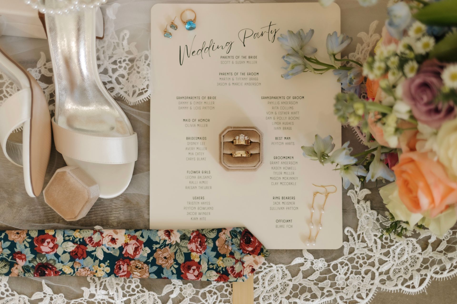 A wedding ring is sitting on top of a wedding invitation next to a bouquet of flowers.