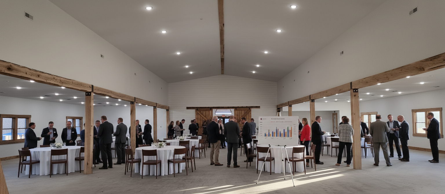 A large room filled with people sitting at tables and chairs.