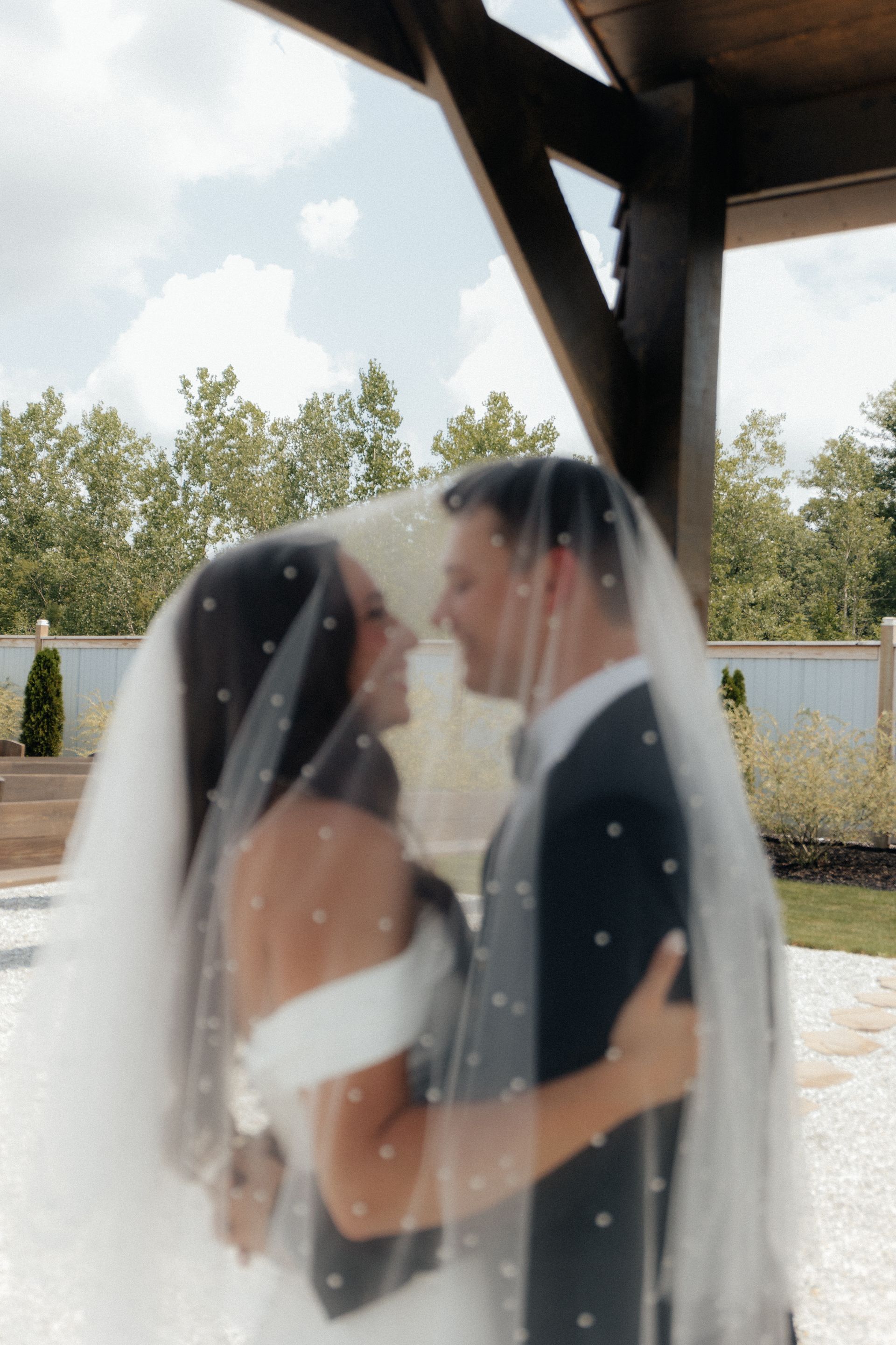 A bride and groom are kissing under a veil.