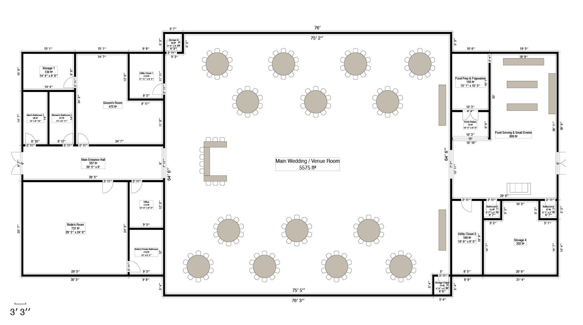 A black and white floor plan of The Covenant Palce with tables and chairs.