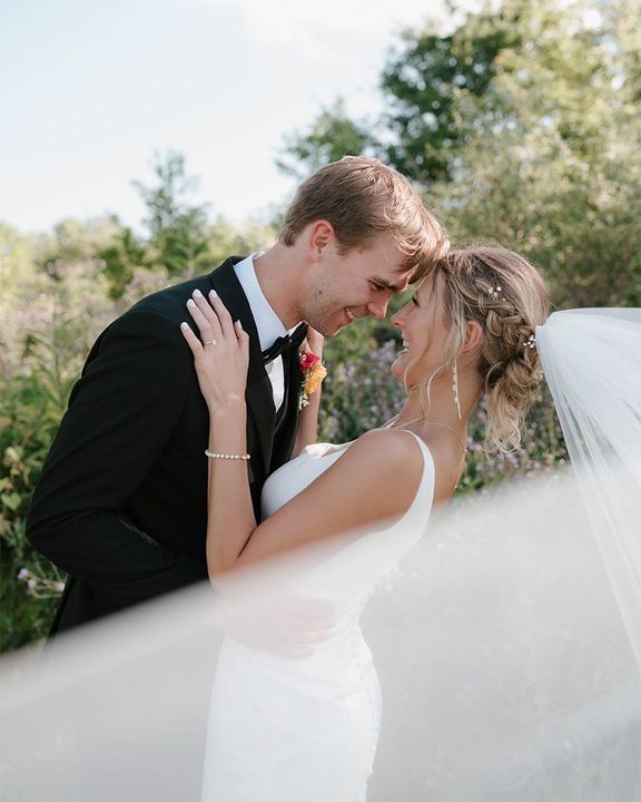 A bride and groom are kissing under a veil.