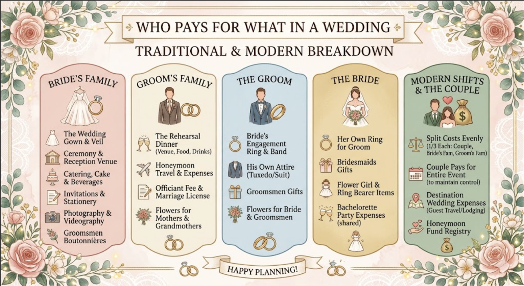 Graphic displaying who pays for what in a wedding.