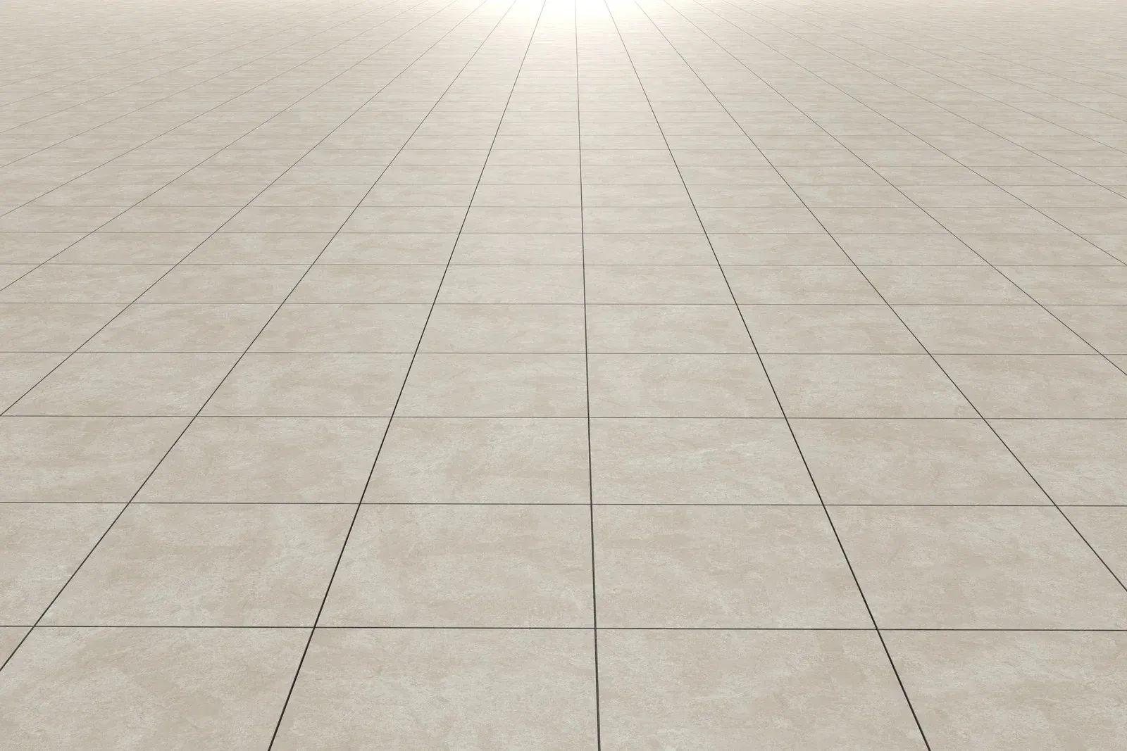 Beige tiled floor with receding grid lines converging toward a bright light.