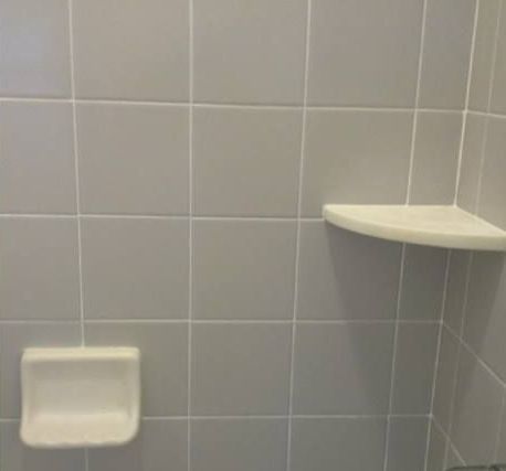 There is a soap dish and a shelf in the shower.
