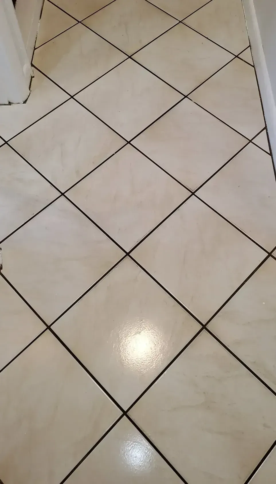 A bathroom with blue tiles and a shower head