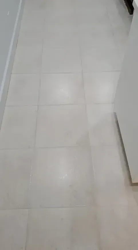 A close up of a tiled floor next to a shower door.