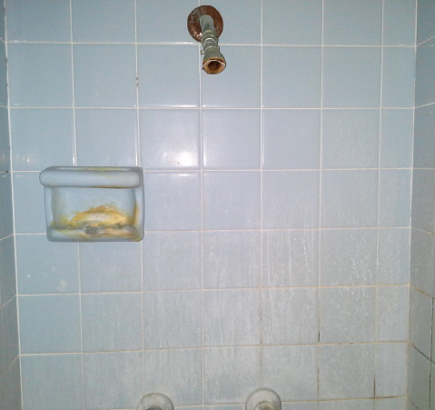 A bathroom with blue tiles and a shower head