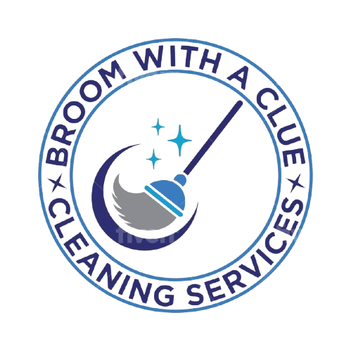 Blue and white logo for "Broom With A Clue Cleaning Services" featuring a mop and crescent.