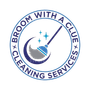 Blue and white logo for "Broom With A Clue Cleaning Services" featuring a mop and crescent.