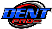 Logo for Dent Pro, a car dent repair service. Blue and red text on a black background.