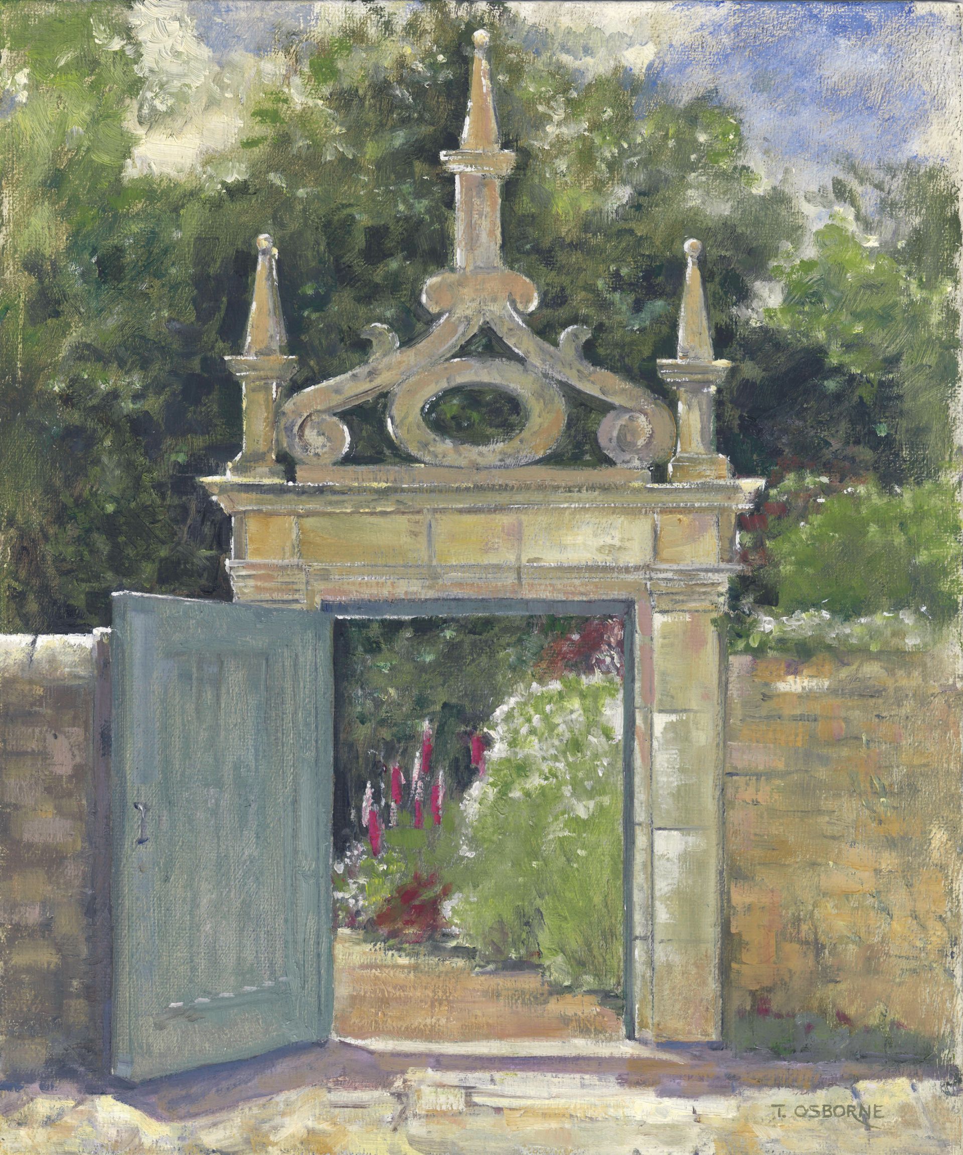 English Landscape painting. The grand stone entrance gate leading to the sculpture gardens and lake at Burghley House in Stamford, Lincolnshire UK.
Copyright Tricia Osborne. Original plein-air oil painting on board.