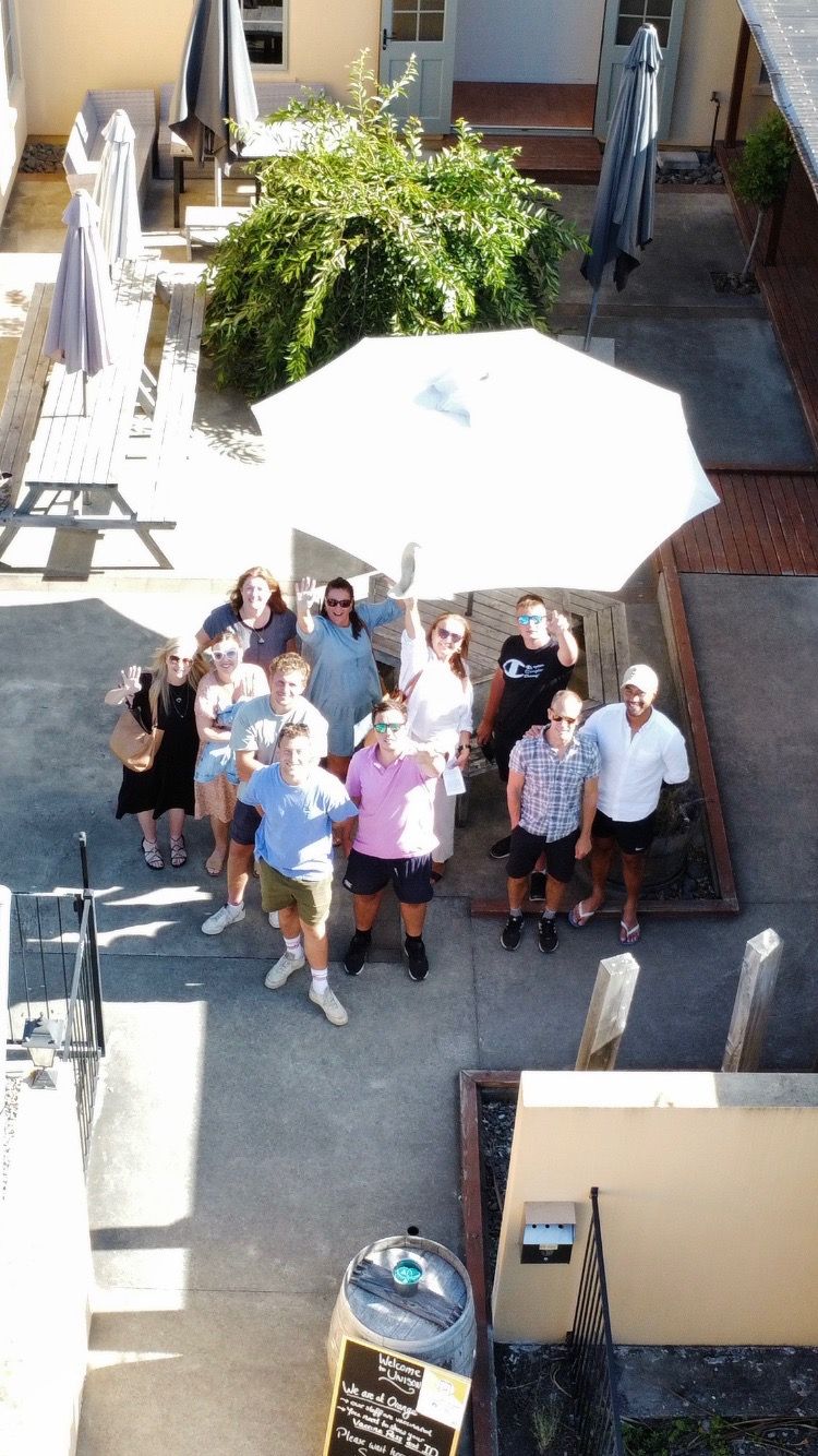 Arial view of tour group with Grape Escape Wine Tours