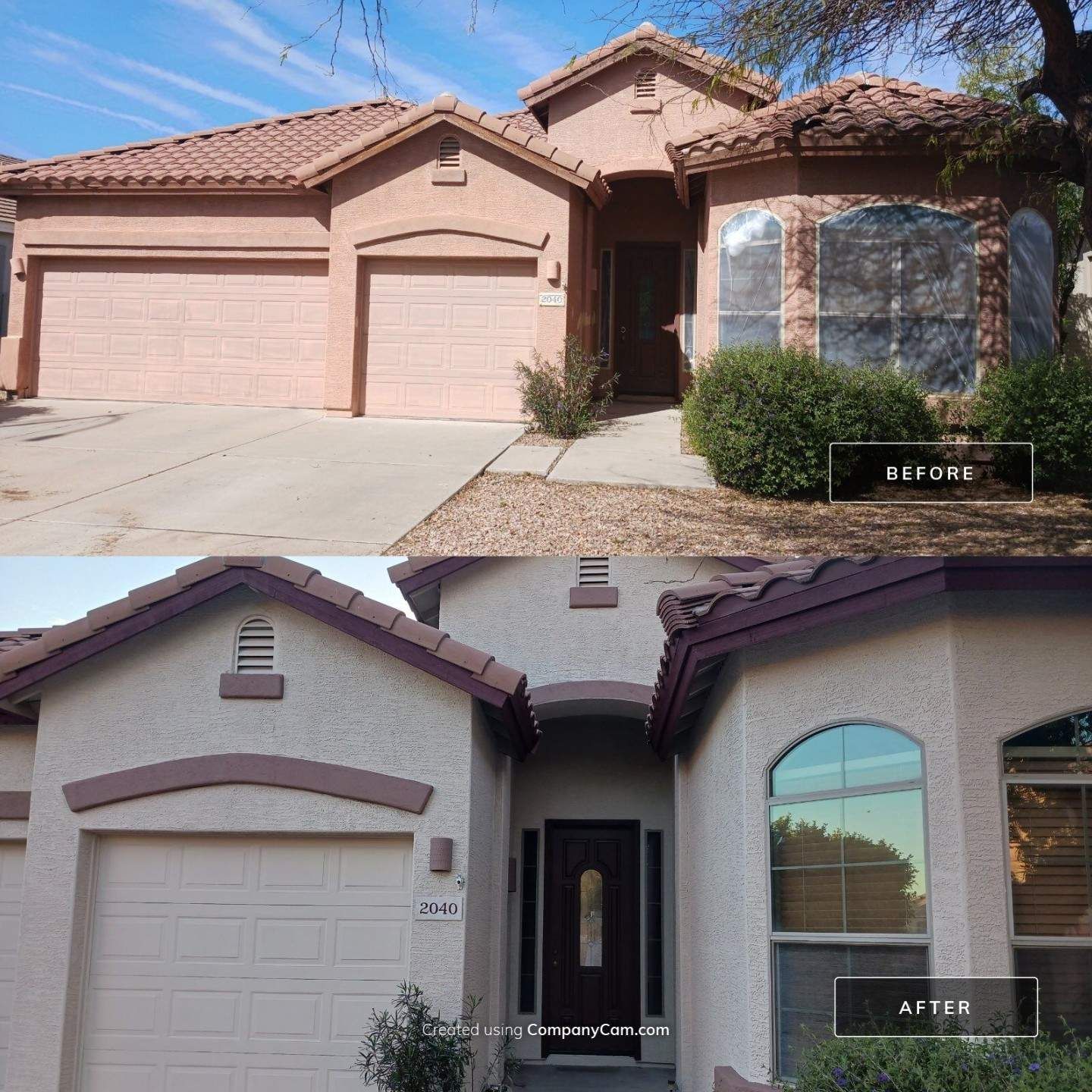 Before and after of a house exterior painted tan with brown accents and updated window tint.