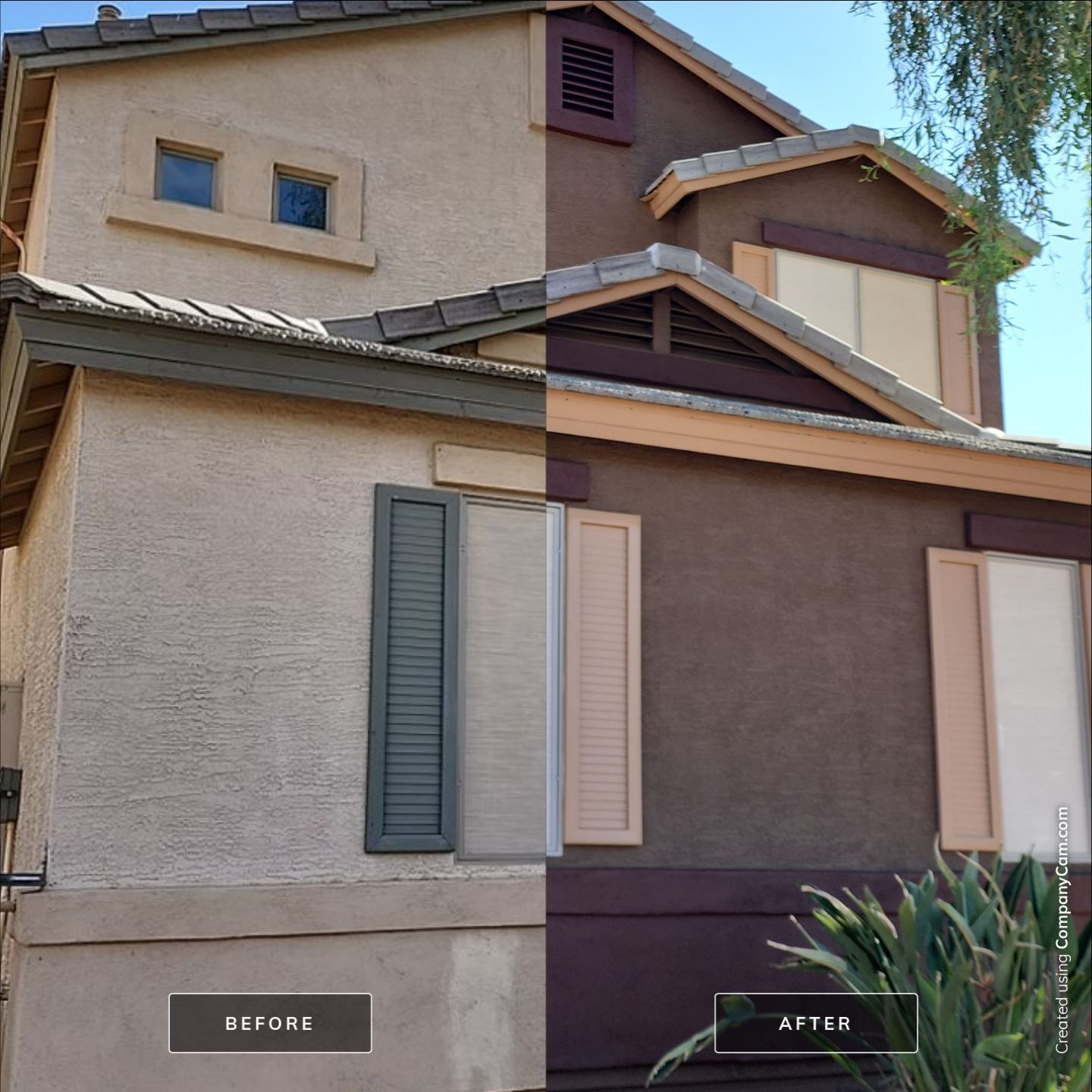 Split image of a house before and after painting.  Left side: tan, right side: brown. Shutters and trim also changed.