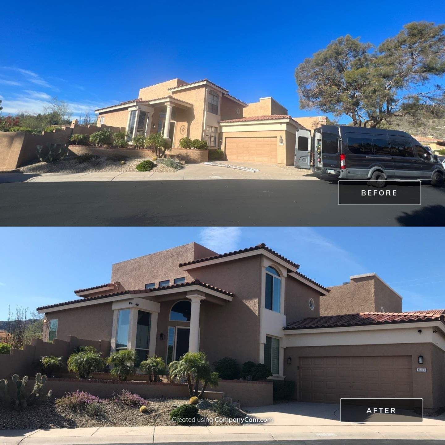 Before-and-after view of a house exterior; beige color, garage and window accents, blue sky.