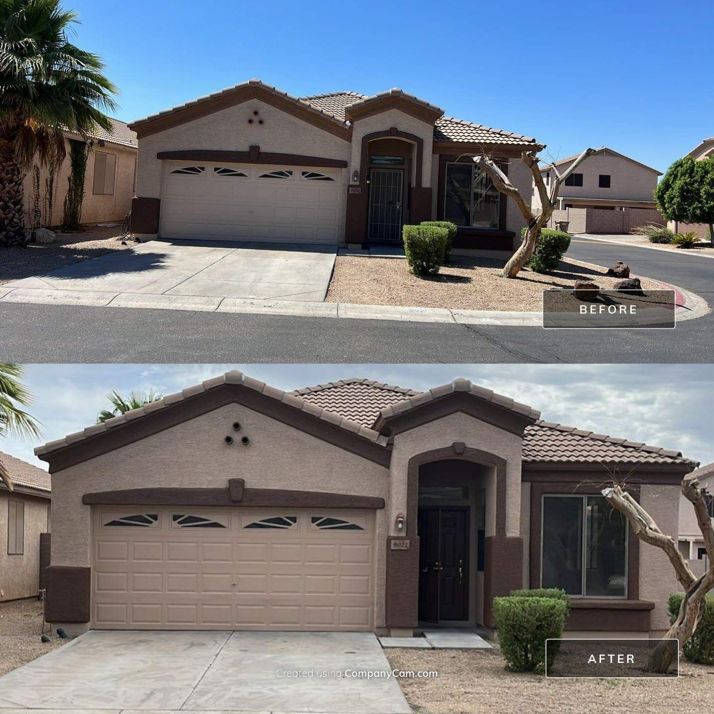 Before and after of a beige house with a brown trim, driveway, front door, and landscaping.