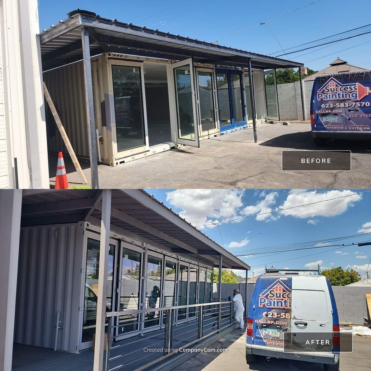 Before and after photos of a building renovation. Exterior shows a shipping container turned structure, painted gray with glass doors.
