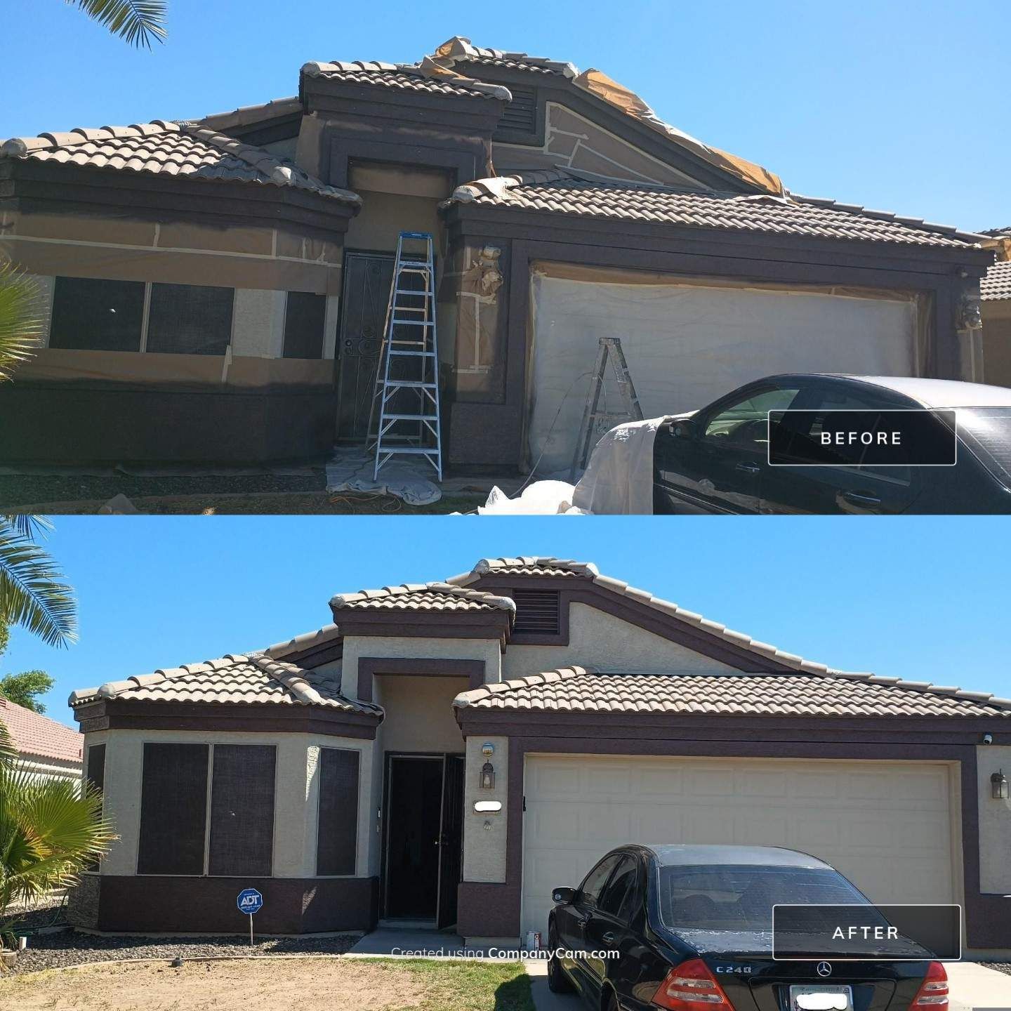 Before and after of house painting. Tan house with brown trim, car in driveway.
