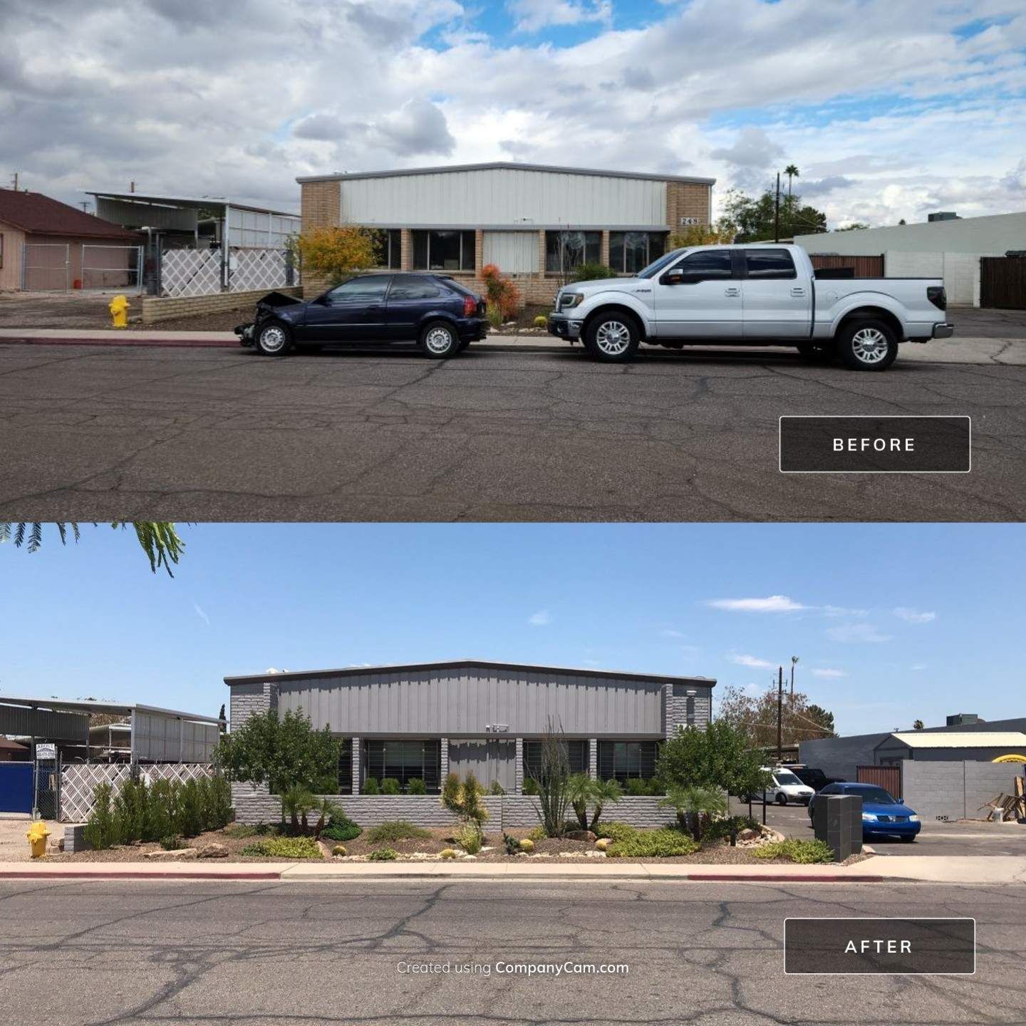 Before and after photos of a building. The first shows a car in disrepair; the second features landscaping in front of the building.