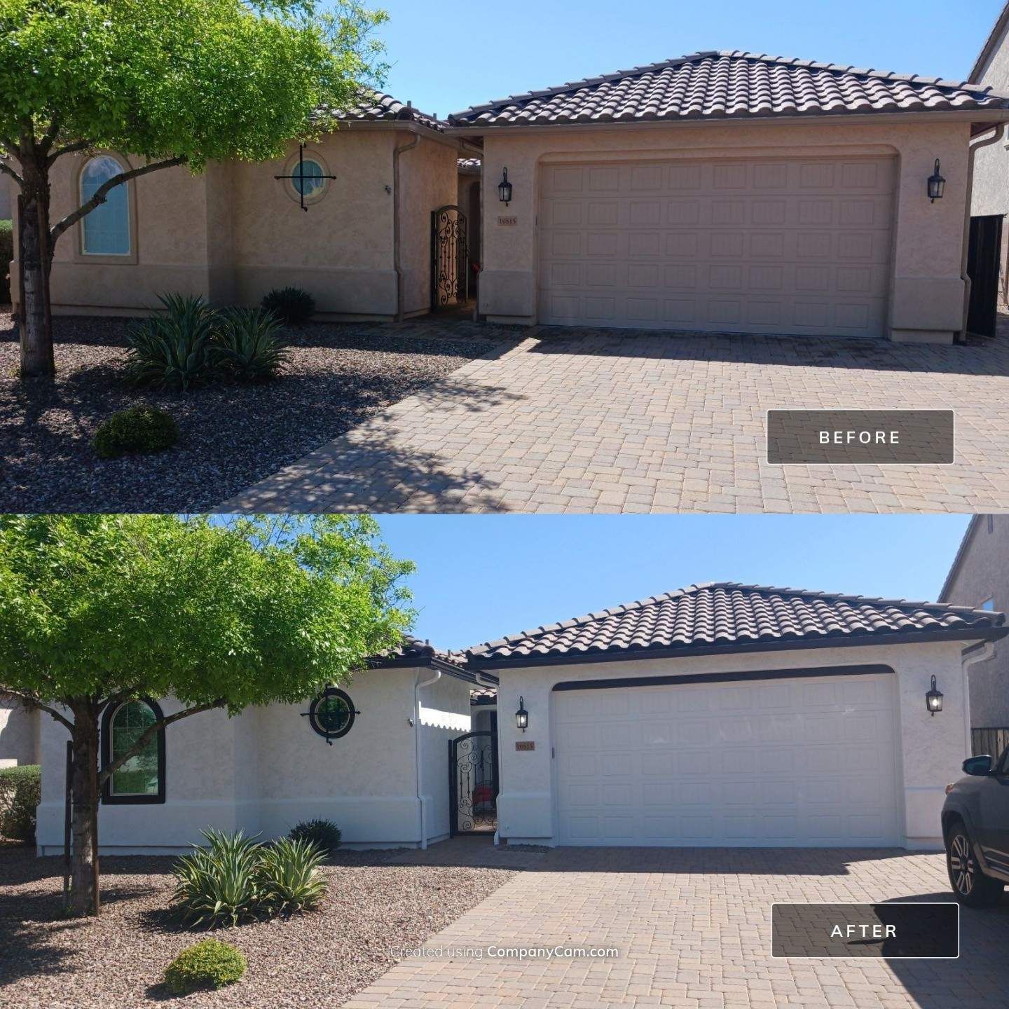 Before-and-after exterior home renovation. Beige home transformed with white paint, black trim, and new landscaping.