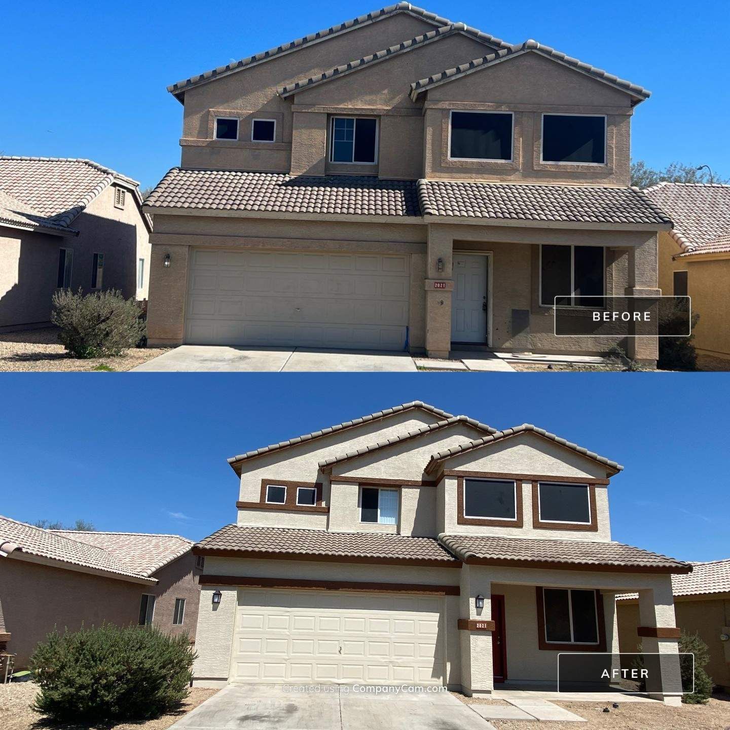 Before and after of a two-story house with new paint, trim, and garage door.