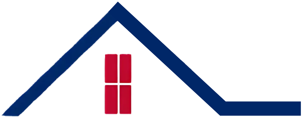 A blue house silhouette with a red window.