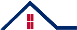 A blue house silhouette with a red window.