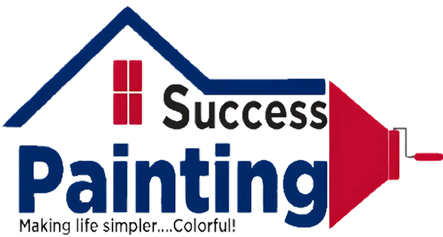 Logo of Success Painting, blue house outline with red accents, paint roller, and company name.