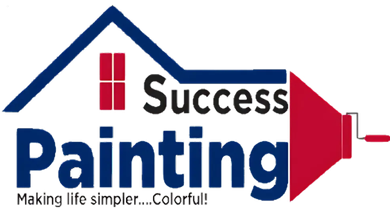 Logo of Success Painting, blue house outline with red accents, paint roller, and company name.